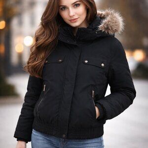 Columbia Women's M Black Insulated Faux Fur Hooded Bomber Jacket
